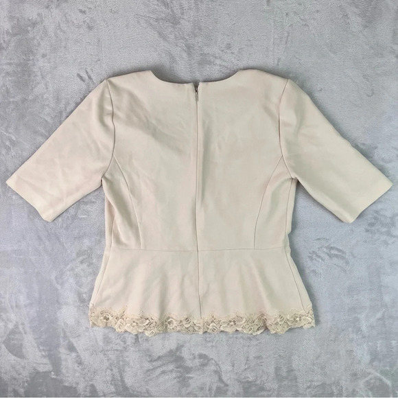Rebecca Taylor Crepe Lace Inset Top Size 8 Beige Pleated 3/4 Sleeve V Neck - Picture 9 of 13